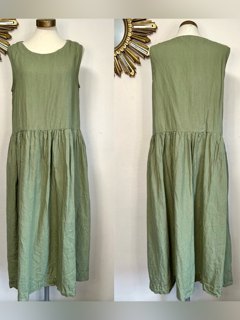 Len. Ok Linen Olive Green Sleeveless Dress